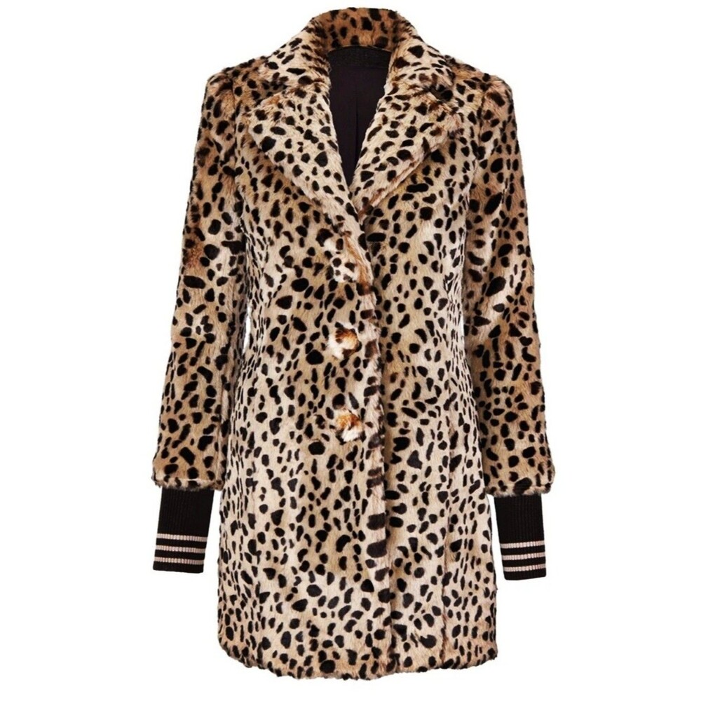 CAbi Josephine Leopard Faux Fur Coat Size Large L #3727 Removable Cuffs Exc Cond